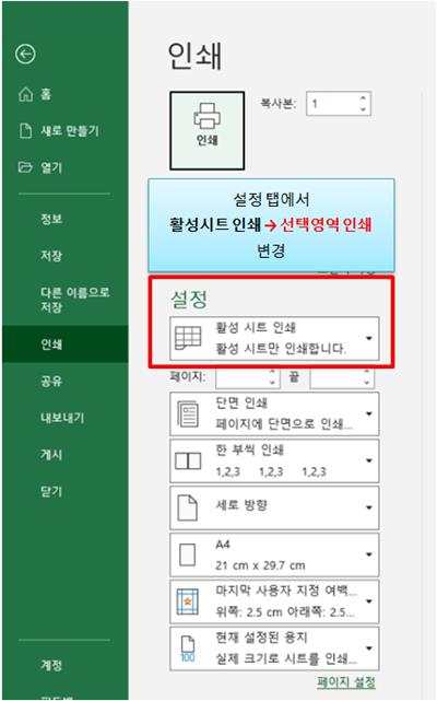엑셀 프린트 설정
